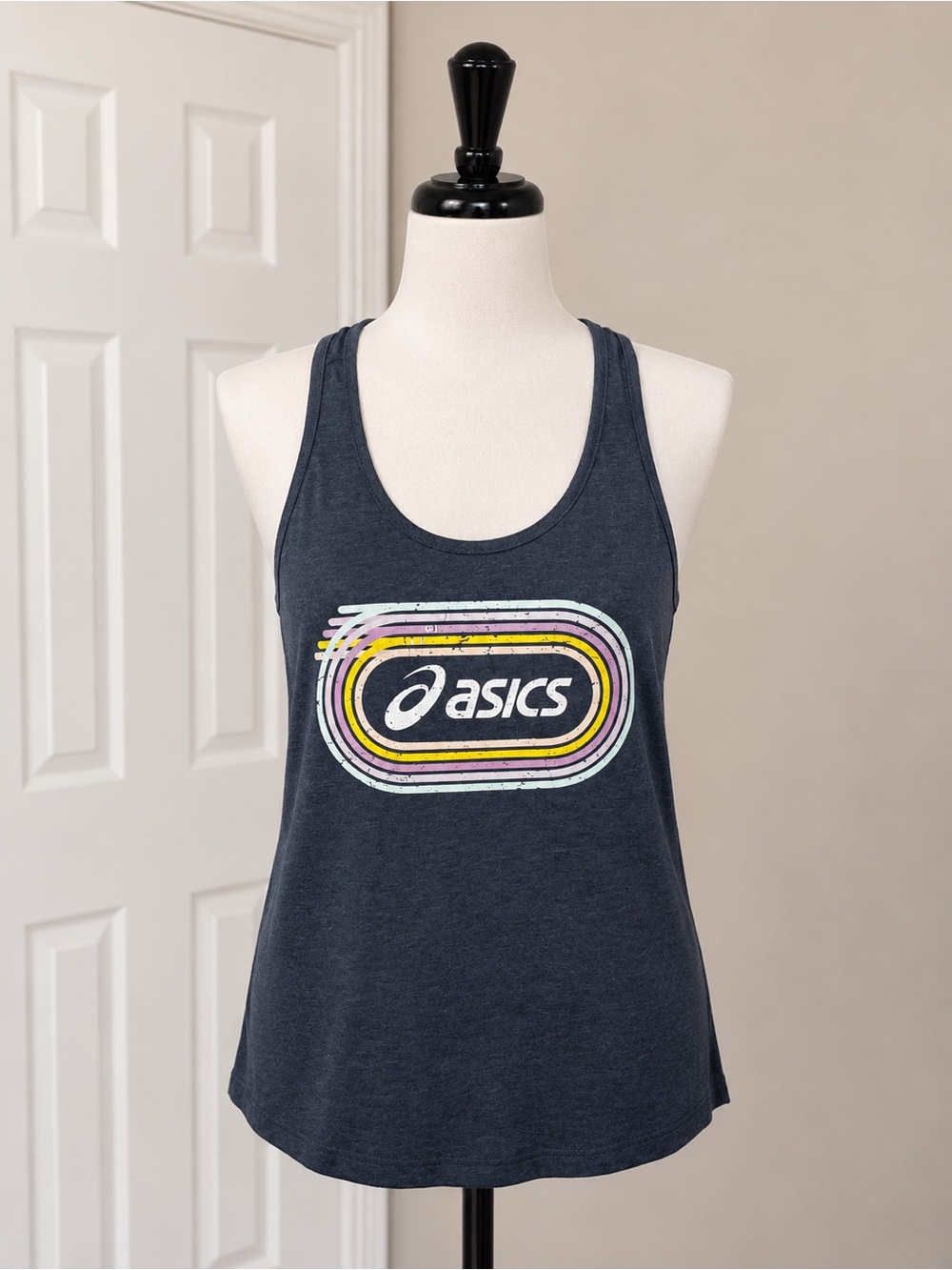 Asics Navy Racerback Tank with Retro Multicolor Logo - Picture 1 of 5